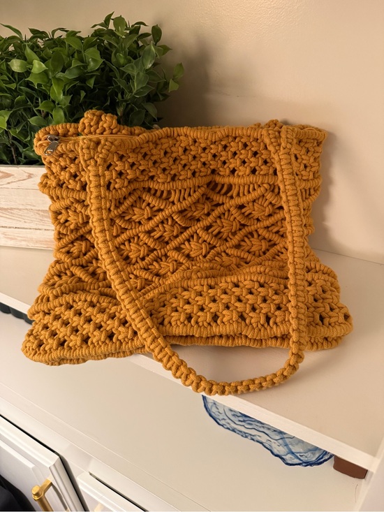 Handmade Macramé Tote Handbags - Handmade Macramé Tote Bag Mustard Boho Woven Shoulder Purse Zip Top Lined
